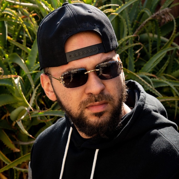 Mens Black Tint Rimless Dark Diamond Cut Lens Gold Frame Hand Carved Sunglasses - Picture 4 of 4